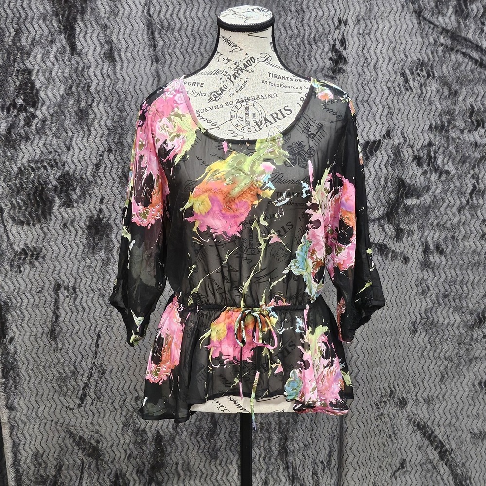 Sheer Peplum Y2K Top Womens M Floral Cinched Waist Kimono Sleeve Romantic Goth